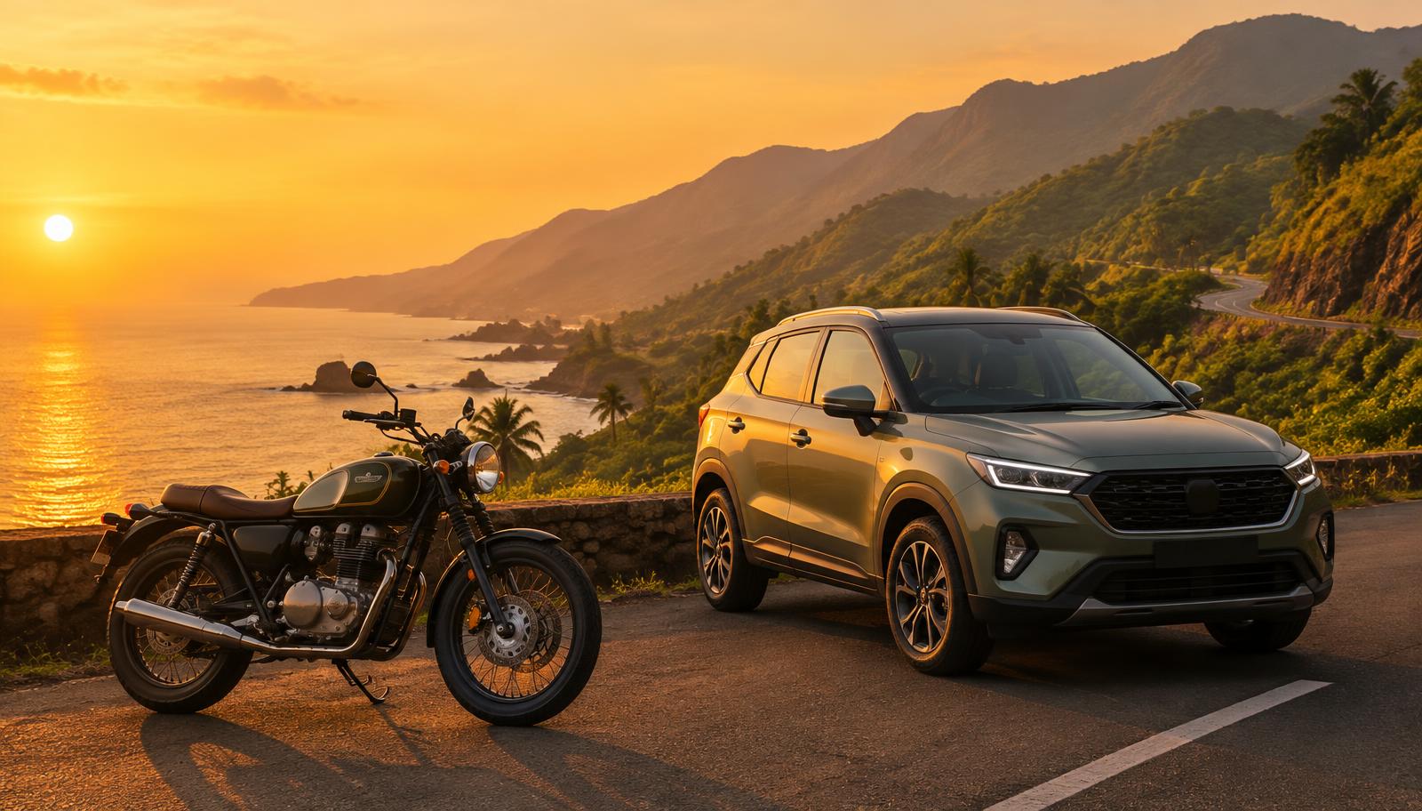 A modern SUV and a retro motorcycle parked on a coastal highway in India at golden hour
